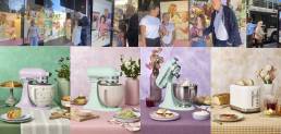 Collage featuring pastel stand mixers with bowls and baked goods set against colorful backgrounds; top row shows people shopping and interacting outside storefronts.