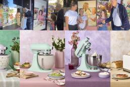 Collage featuring pastel stand mixers with bowls and baked goods set against colorful backgrounds; top row shows people shopping and interacting outside storefronts.