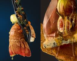 Close-up diptych of gourmet food: left panel shows lobster tail with dark pasta, rosemary, and a yellow sauce against a deep blue background; right panel features sliced ham, figs, crusty bread, and honey dripping over the cheese.